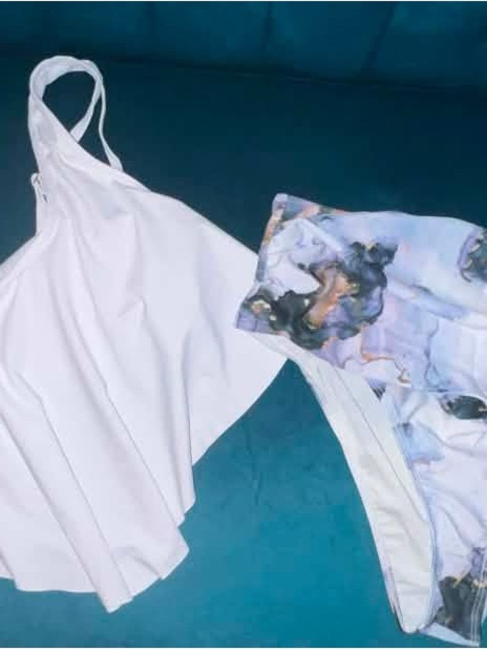 SHEIN White Halter Bikini Top with Marble-Print Briefs